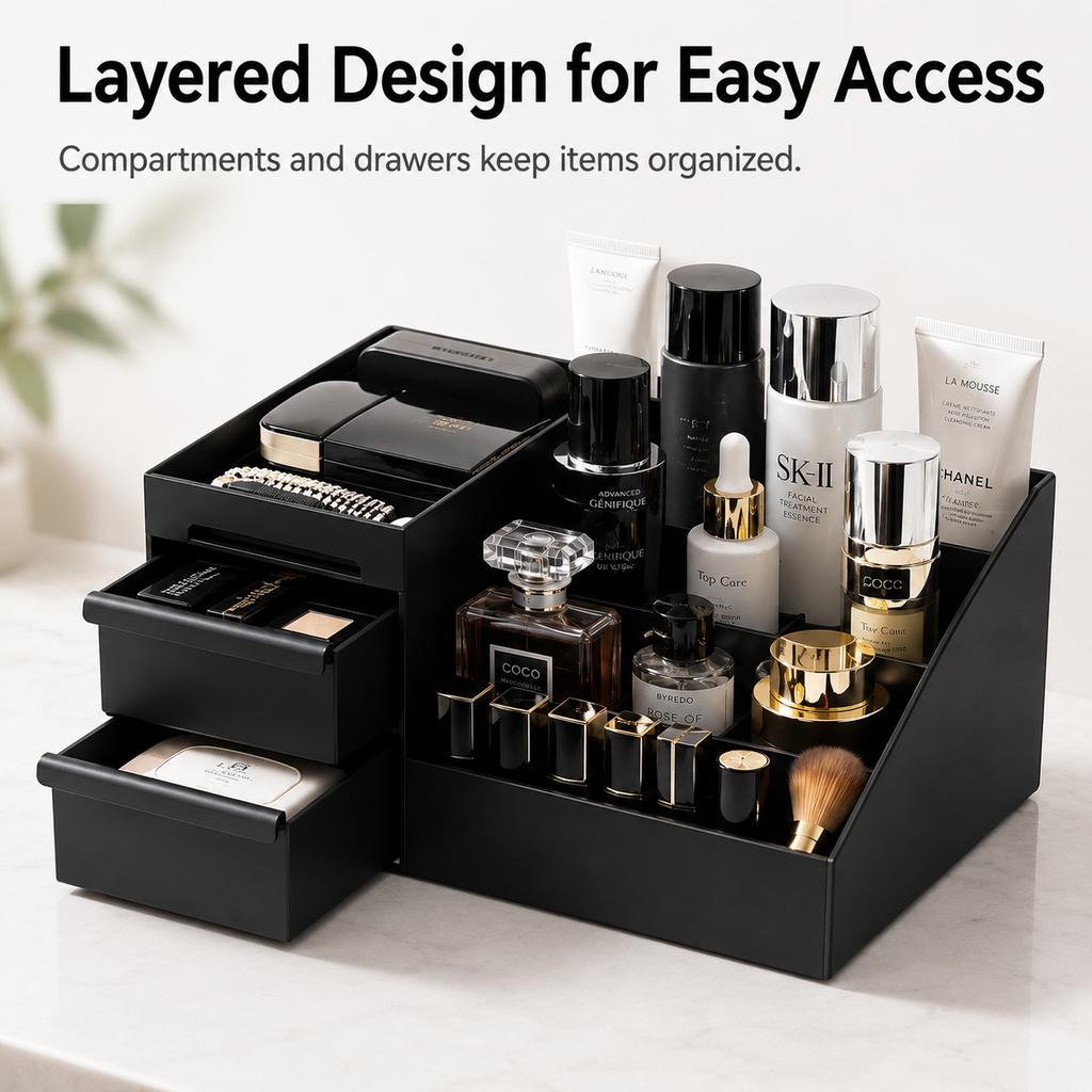 Desktop Makeup Organizer with Drawers Black PP Cosmetic Storage Box Lipstick Holder for Bathroom Vanity