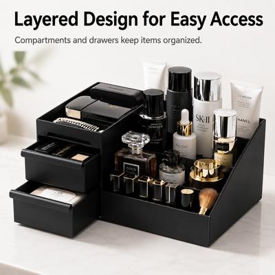 Desktop Makeup Organizer with Drawers Black PP Cosmetic Storage Box Lipstick Holder for Bathroom Vanity