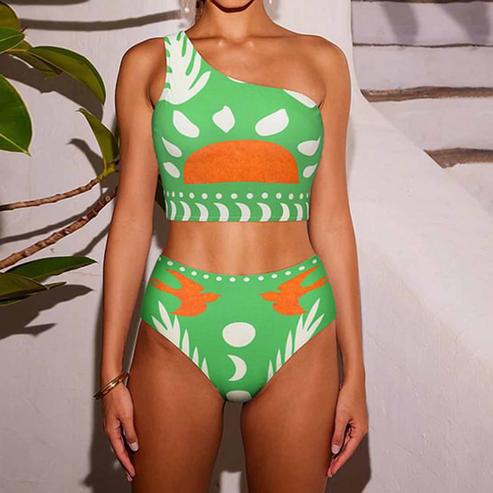 

Women s Off-Shoulder Printed Bikini Swimsuit, Slimming High-Waist Swimwear, Sexy Summer Beach & Pool Bathing Suit L зелёный