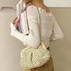 Women Shoulder Bag Slim Metal Chain Straw Braided Solid Color Large Capacity Handbag Shell Shape