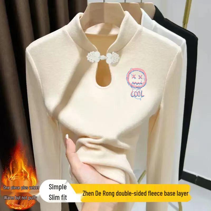 

Women s Autumn-Winter Frog Button Stand Collar T-Shirt with National-Style Print, Warm Long Sleeve Top. XL (for 115-130 lbs) абрикосовый