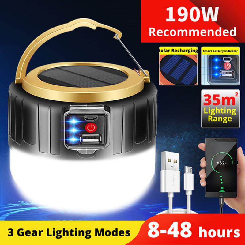 Waterproof USB Rechargeable LED Solar Tent and Camping Light for Outdoor, Emergency, and Night Market Use