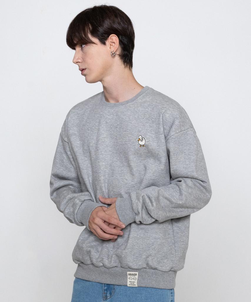 GRAVER [Unisex] Duck Flower Embroidered Smile Sweatshirt_Gray