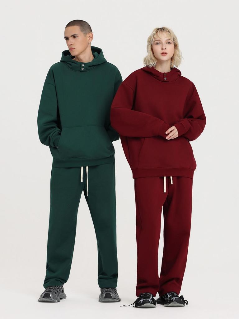 2025 Autumn/Winter Fleece-Lined Hooded Sweatshirt & Pants Set – Men's Trendy European/American Basic, Solid Color, 510g.