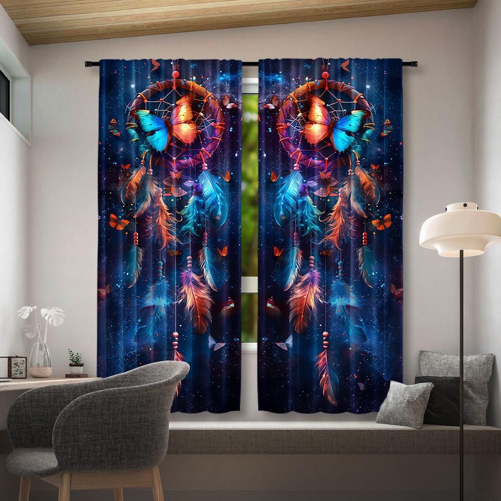 2pcs Boho Dreamcatcher Curtains - Colorful Butterfly & Cosmic Design   Rod Pocket Window Treatment for Bedroom   Living Room   Kitc