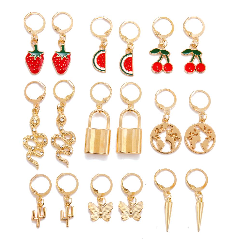 Retro Temperament C-shaped Butterfly Feather Earrings Geometric Watermelon Strawberry Cute Earrings Simple Earrings