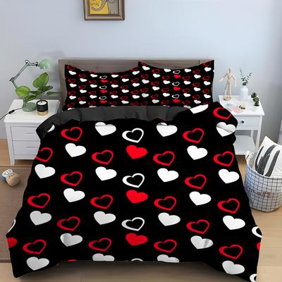 Liebesherzmuster King Queen Bettbezug Damen Herzförmiger Druck Bettwäscheset Rot Schwarz Bettbezug Polyester Bettbezug