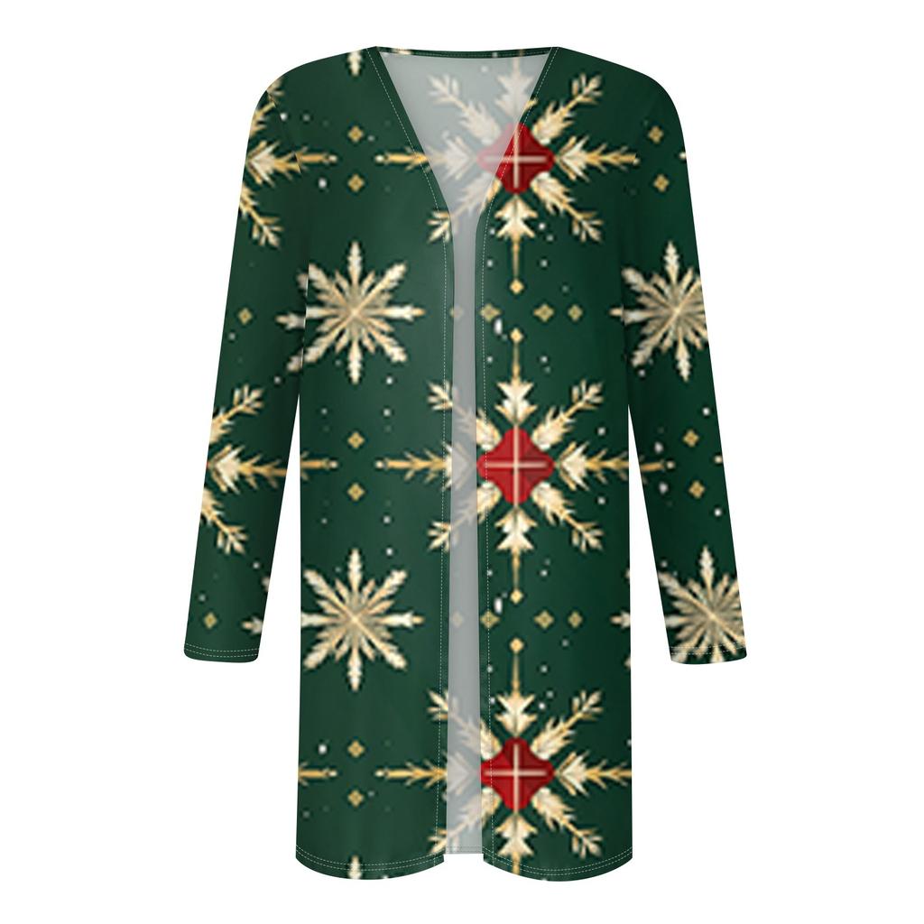 Women's Fashion Casual Christmas Tree Printed Mid-Length Cardigan Jacket