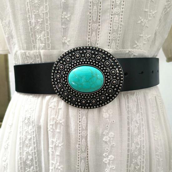 Retro Western Turquoise Belt with Distressed Silver Color Carved Buttons Natural Blue Turquoise Rodeo Style Cowboy Cowgirl Waistband