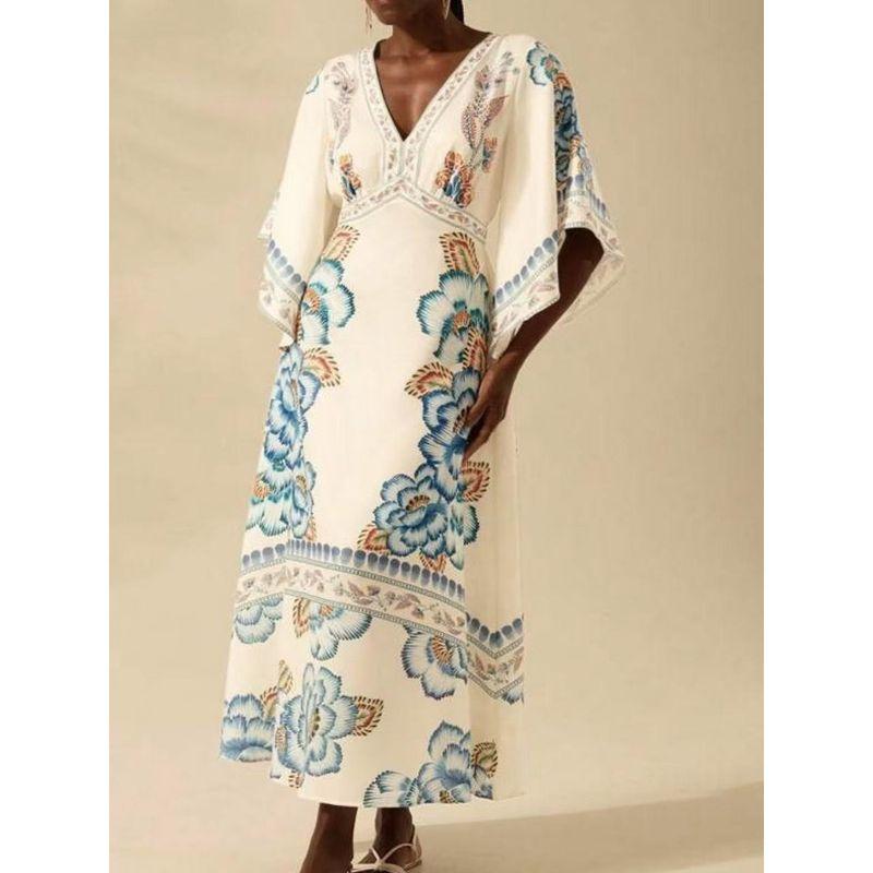 Amazon Vacation 2025 Summer New V-neck Fashion Loose Print High Waist Long Dress Women Dress