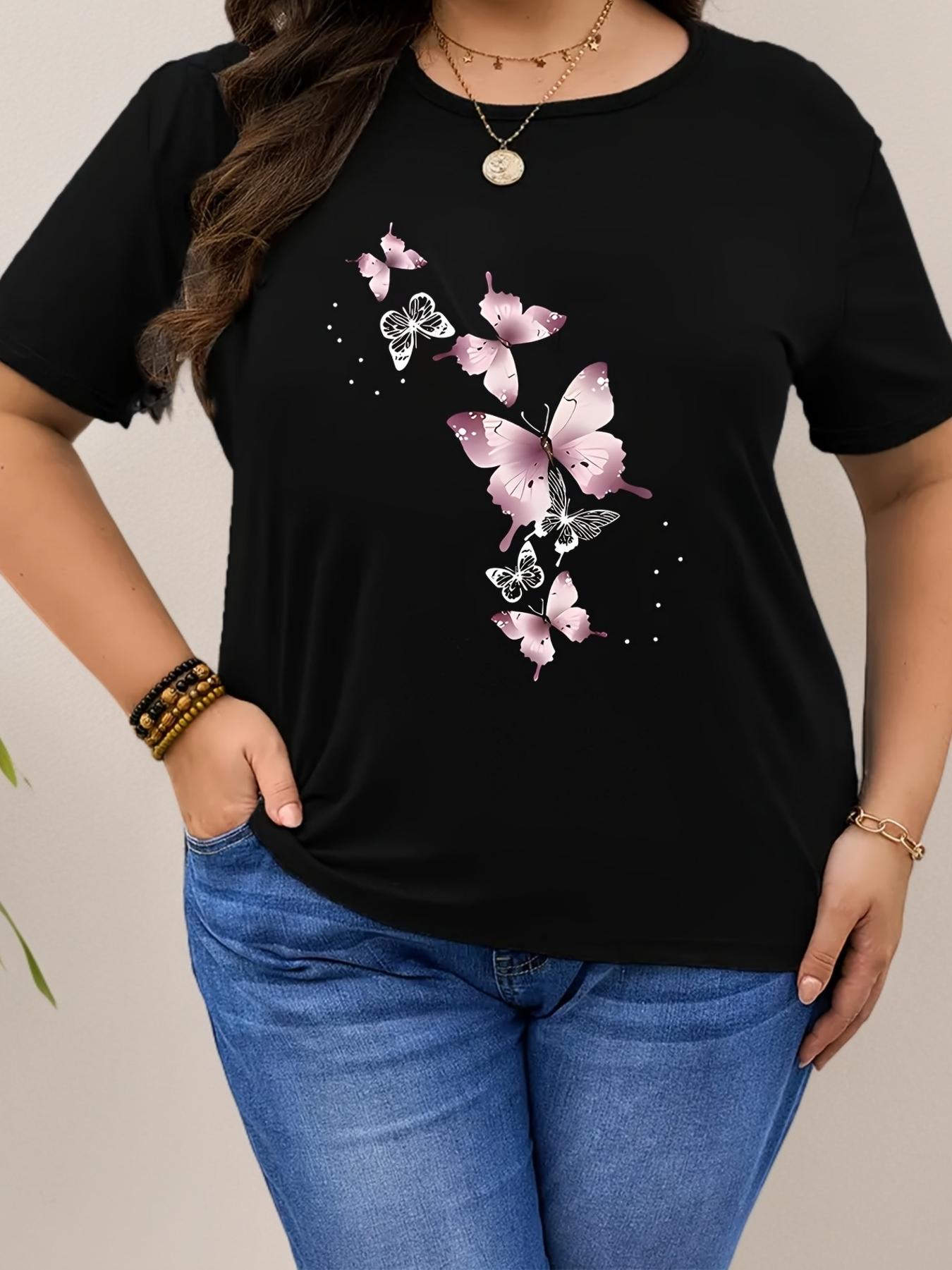 Plus Size, Pink Butterfly Print Plus Size Women s T-Shirt S разноцветный