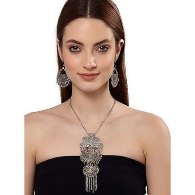 Shining Diva Fashion Najnowsze stylowe, tradycyjne, oksydowane srebrne naszyjniki Zestaw biżuterii dla kobiet