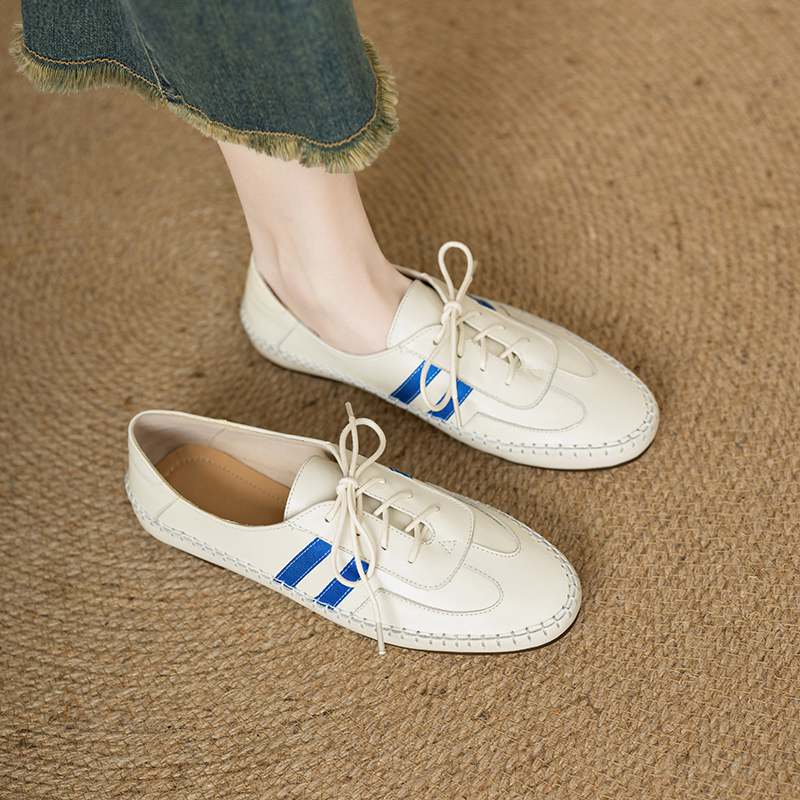 Krazing Pot Cow Skin Round Toe Size 43 Flat with Fashion Lace Up Leisure Handmade Comfortable Light Autumn Sneakers