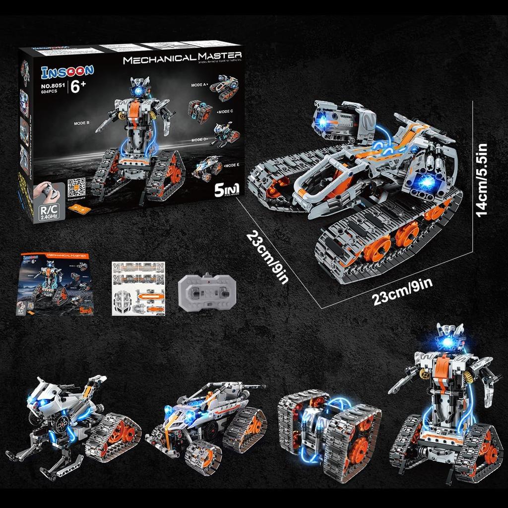 5-in-1 Building Toys with LED Light, APP & Remote Controll Building Block Set, 604 PCS RC Tech Rechargeable Tank Robot Sleigh Tracked Racer Toy, Gift