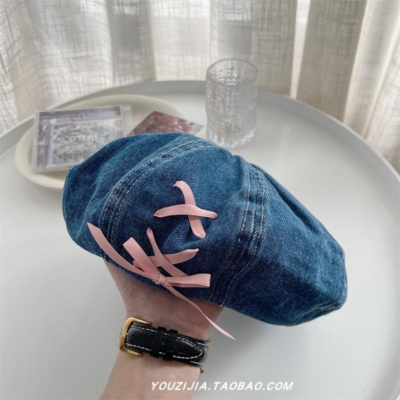 Sweet And Rich~ Denim Bow Beret Women'S Spring And Summer Thin Breathable Retro Versatile Octagonal Hat Tide