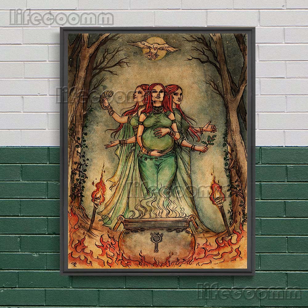 Marea Preoteasă și Tripla Zeiță Artă de Perete Vintage Vrăjitorie, Magie, Poster Wicca Imprimare pe Pânză Decor Acasă Vrăjitoarea Fără Ramă