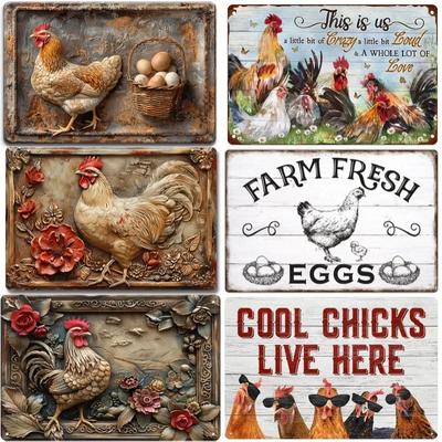 2D Charming Farm Chickens Vintage Metal Tin Signs Poster Beautiful Chicken Colorful Visual Effect Wall Art for Chicken Farm