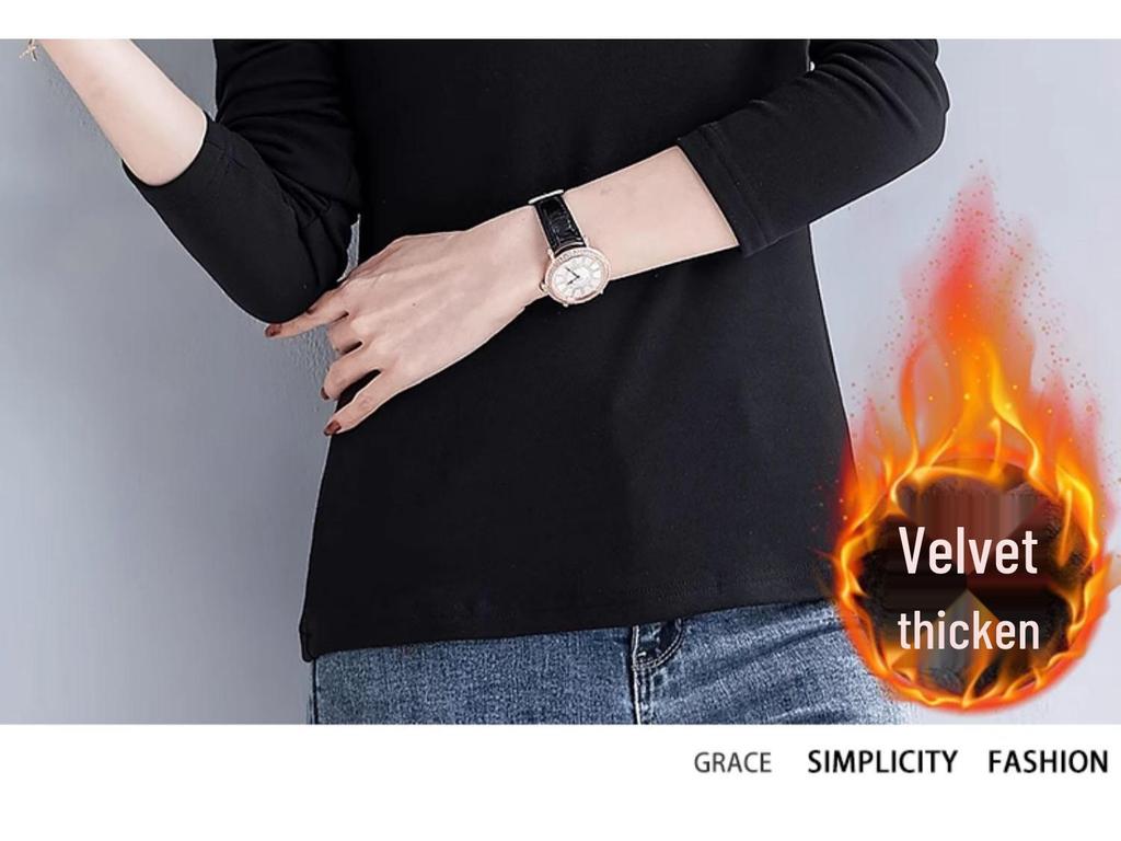 Women's Black Slim Fit Long Sleeve Thermal Top - Plush, Thickened for Warmth, Autumn/Winter 2025.