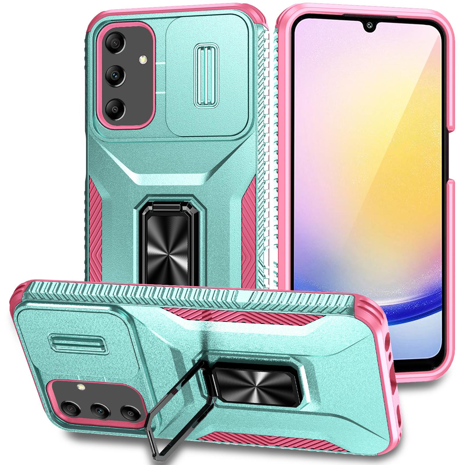 

For Samsung Galaxy A25 5G (Global) (161.0 X 76.5 X 8.3mm) Case TPU+PC Ring Kickstand Phone Cover Grey Green+Pink