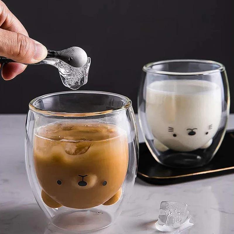 Lovely Glass Mug Transparent Double-Layer Coffee Mug Cartoon Bear Cat Prevent Scald Glass Cup Breakfast Milk Lemon Juice Cup Mug
