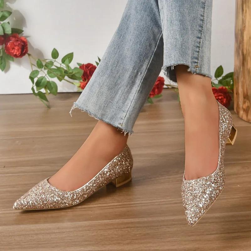 Damen-Flatschuhe Niedriger Absatz Flacher Ausschnitt Pailletten Frühling und Herbst Flatschuhe für Damen