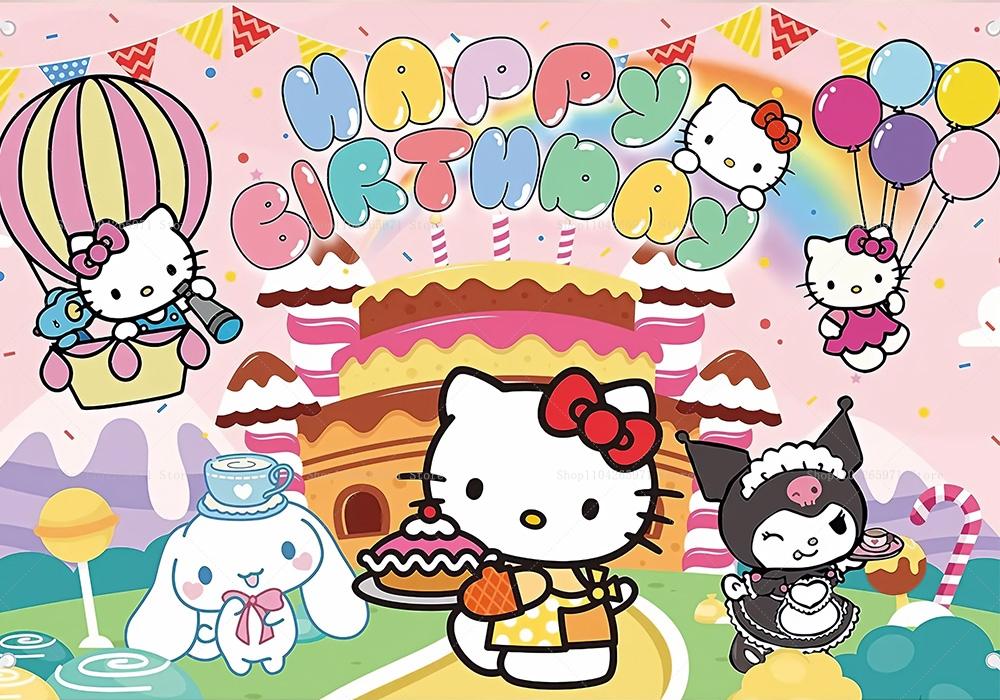 Hello Kitty Happy Birthday Backdrop Cute Pink Cartoon Theme Kids Girls Baby Shower Party Photo Background Banner Decor Supplies