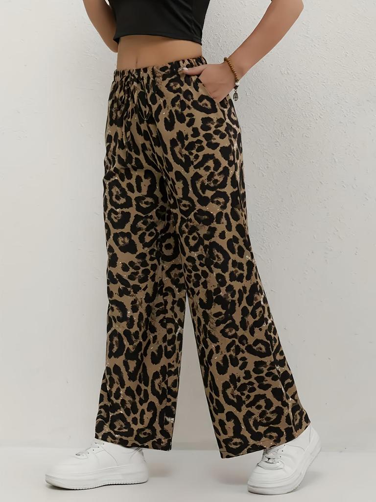 Women's Fashion Leopard Print Wide-Leg Pants with Elastic Waist
