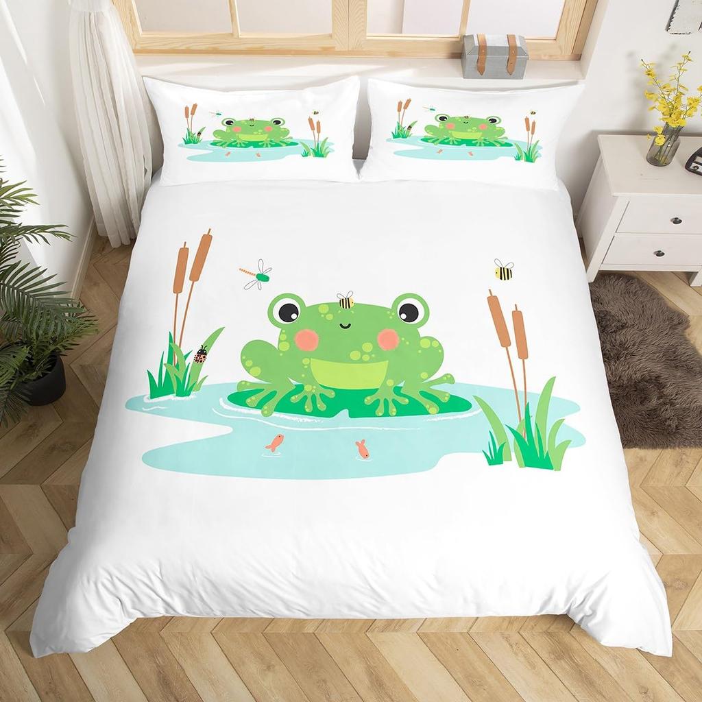 Kawaii Frog Dynetrekk King Queen Tegneserie Dyretema Sengesett Funny Wildlife Dynetrekk Barn Soverom Mykt Dynetrekk