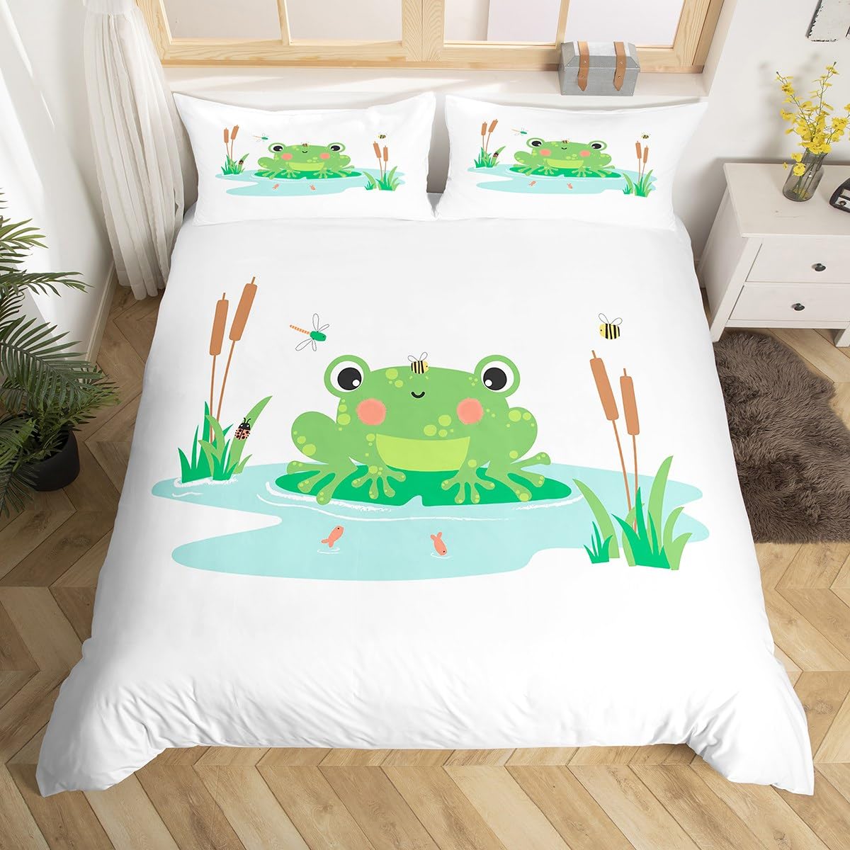 

Kawaii Frog Comforter Cover King Size Queen Size Cartoon Animal Theme Bed Cover Kit Funny Wildlife Comforter Cover Kids Bedroom Quilt Cover EU Single(135x200cm)