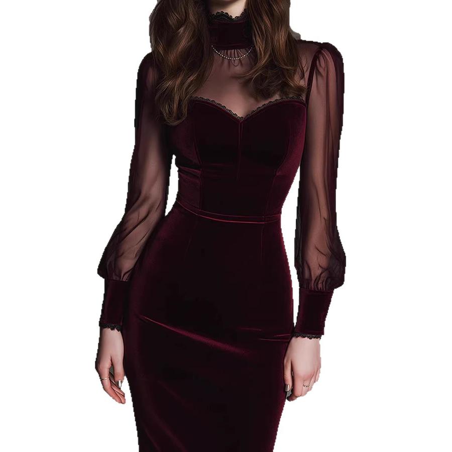 Long Sleeve Chiffon Mesh Patchwork Slim Fit Women's Elite Style One-Piece Dress