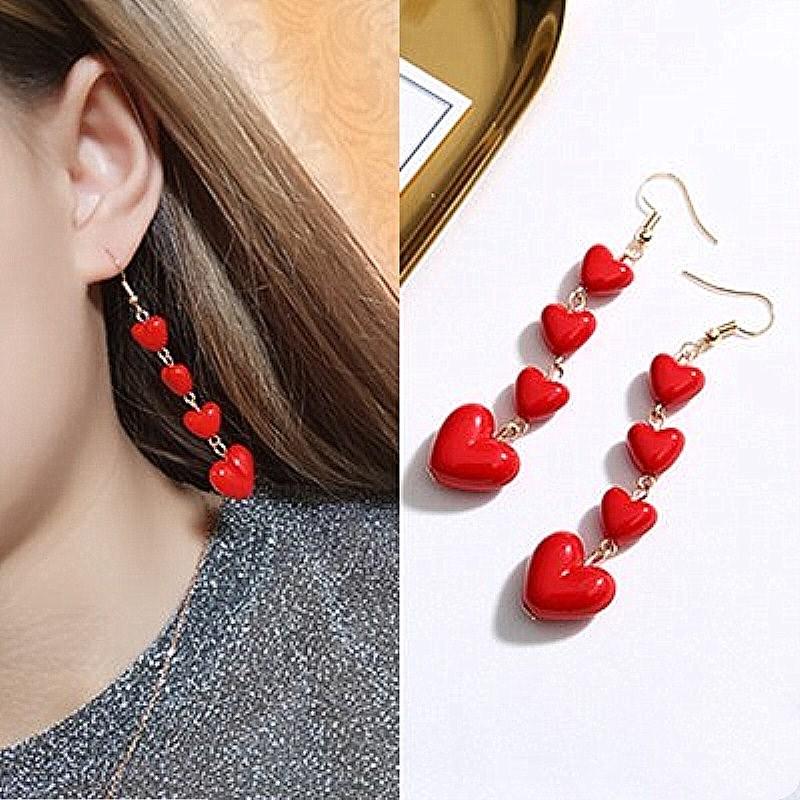 Long Red Love Heart Earrings Sweet Korean Cute Tassel Drop Earrings for Women Girls Fashion Party Dangle Earrings Jewelry Gifts