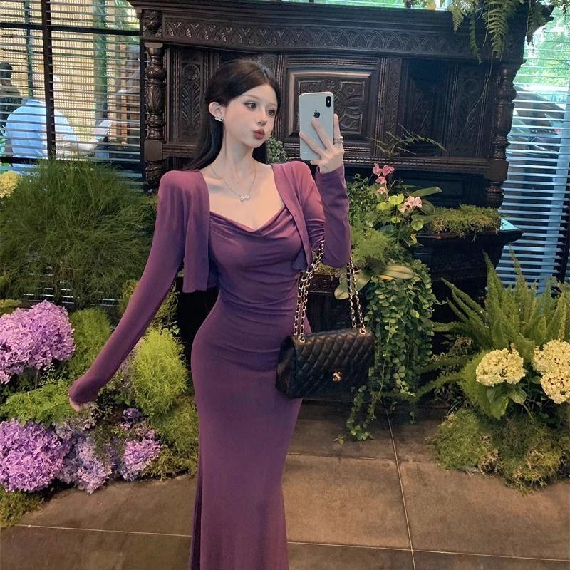 Autumn new pure desire lazy style thin hip-wrapped slim-fit suspender dress long-sleeved small cardigan two-piece set