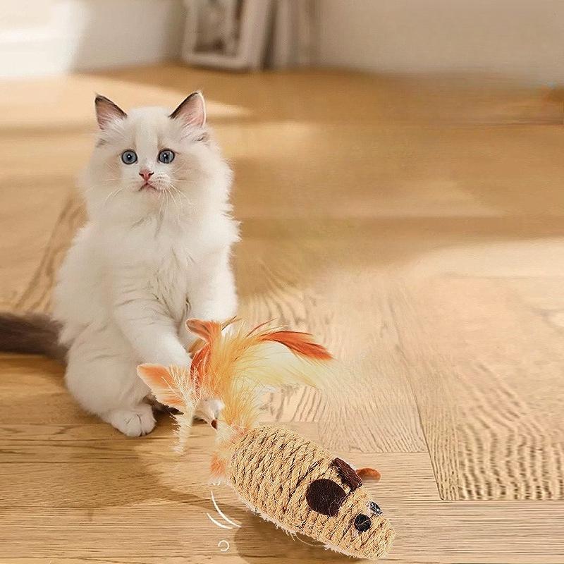 3 Stück Hanfseil Maus Kratzfest und Bissfest Katze Selbstglück Spielzeug Simulation Feder Glocke Lustige Katze Kleine Maus
