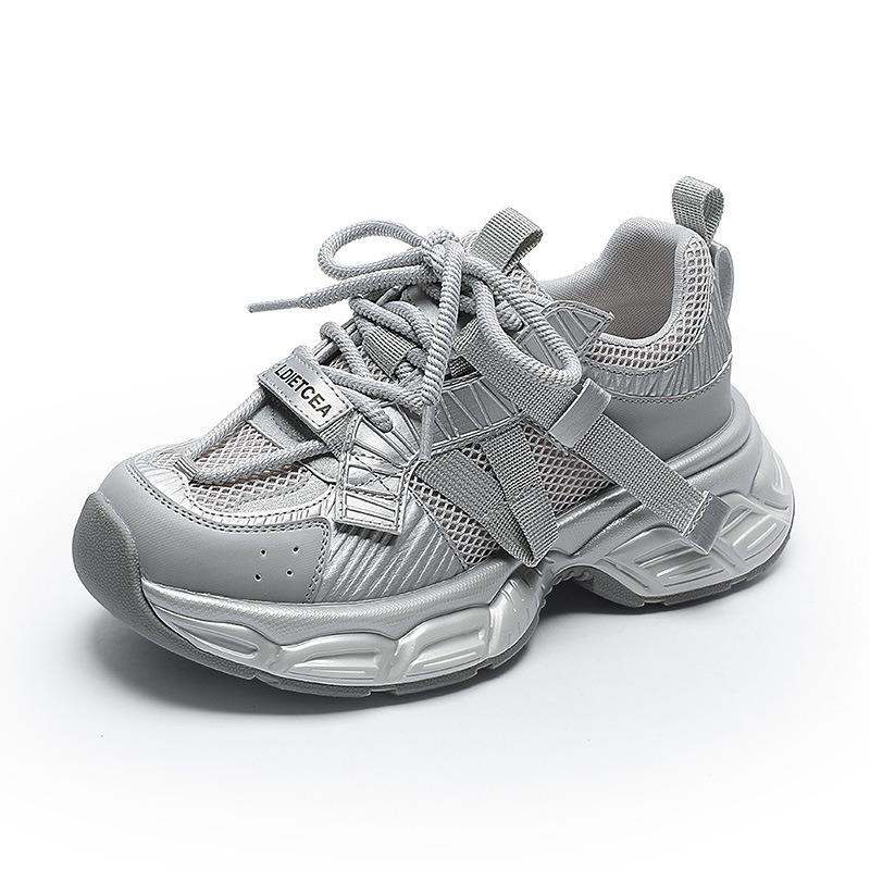 Silver dad shoes girl 2025 spring new trend Internet celebrity fried street leather mesh breathable platform sports running shoes