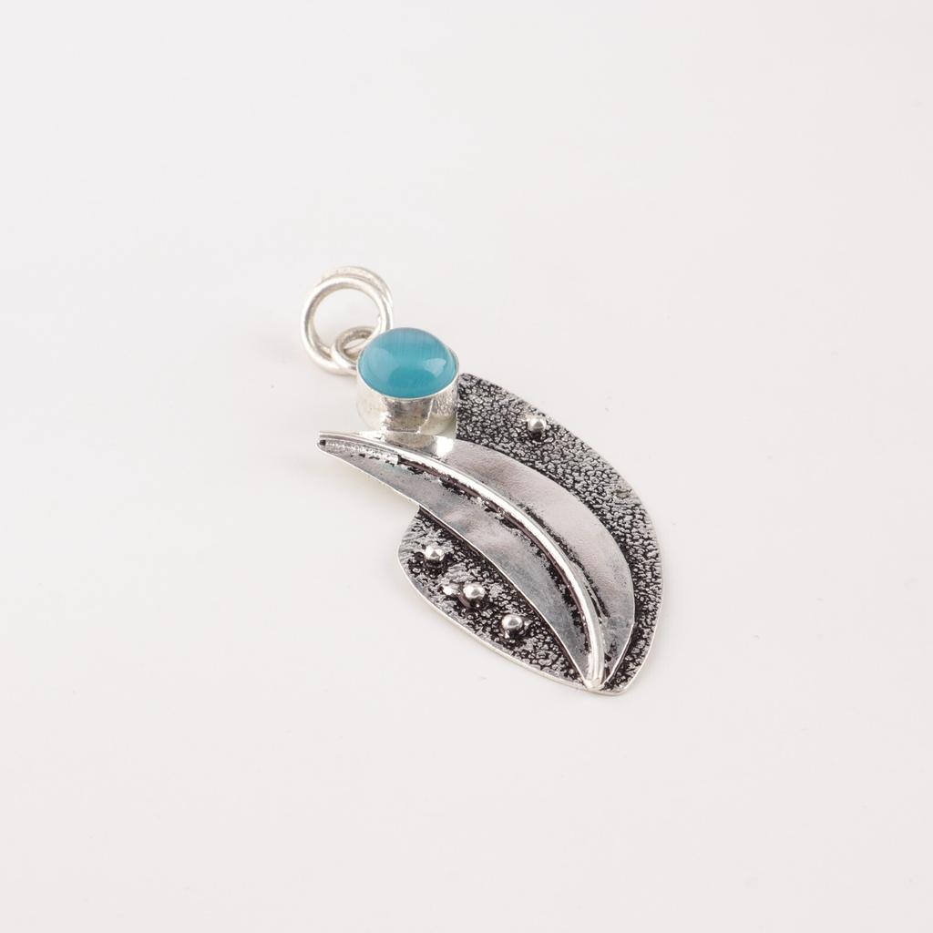 Blue Cat's Eye Gemstone 925 Solid Silver Jewelry Handmade Leaf Pendant For Her PP-36-43