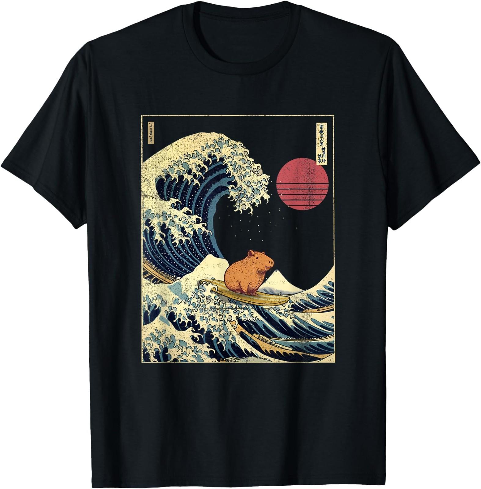 Capybara Japanese Kanagawa Wave Funny Surf Animal T-Shirt M