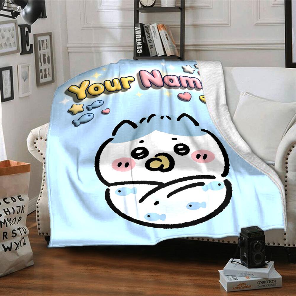 1pc Chiikawa Blanket with Custom Name, Gift, for Men and Women, Soft Blanket, Good for Sofa Bed Couch Travel, Lightweight Flannel Blanket