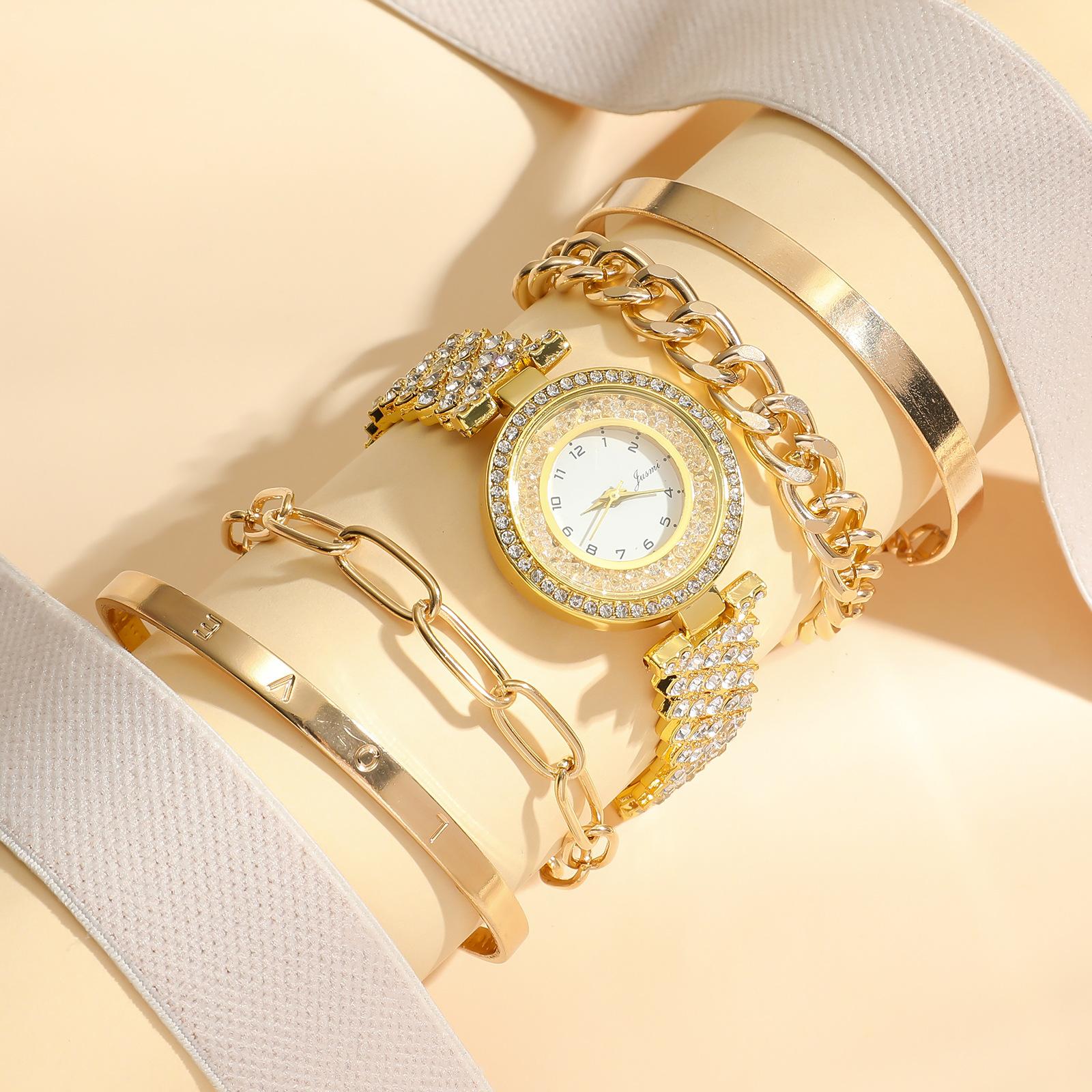 

Высококачественные женские модные кварцевые маленькие круглые часы со стальным ремешком, инкрустированные бриллиантами + комплект браслетов-браслетов