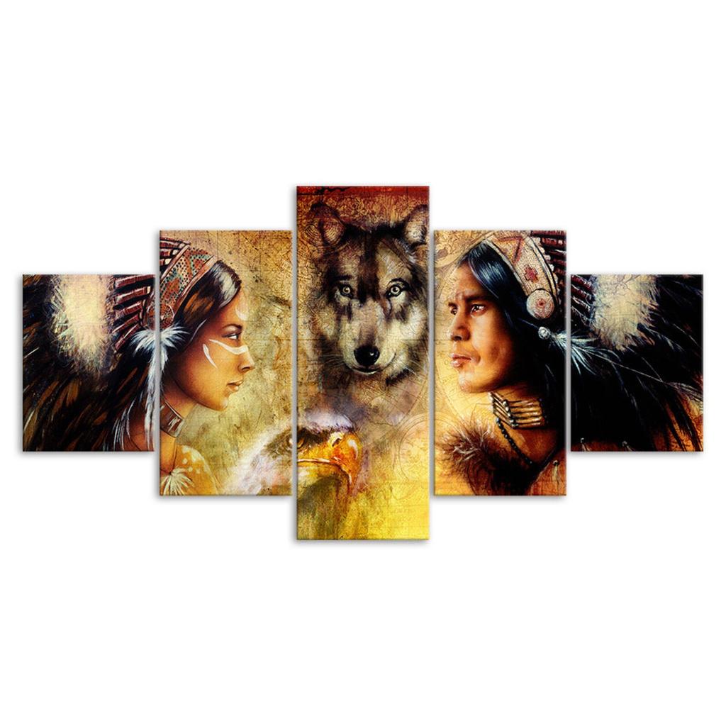 Native Indians And Wolf 5 Piece Five Panel Wall Canvas Print Modern Art Poster Picture Home Decor Gift For Him For Her
