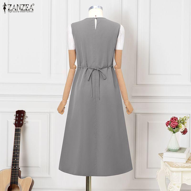 ZANZEA Women Casual Round Neck Sleeveless Loose Long Dress