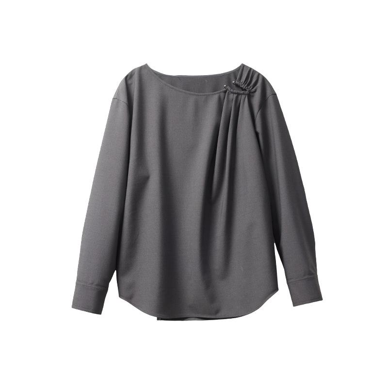 

Women s Minimalist Asymmetrical Spring Pullover: Slanted Neck, Long Sleeve, Elegant Knit Top. Small сірий колір/лавовий