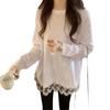 Korean Style White Long Sleeve Base Layer Plus Size Lace T-Shirt for Women, Loose Fit, Buttocks-Covering, 2026 New Arrival