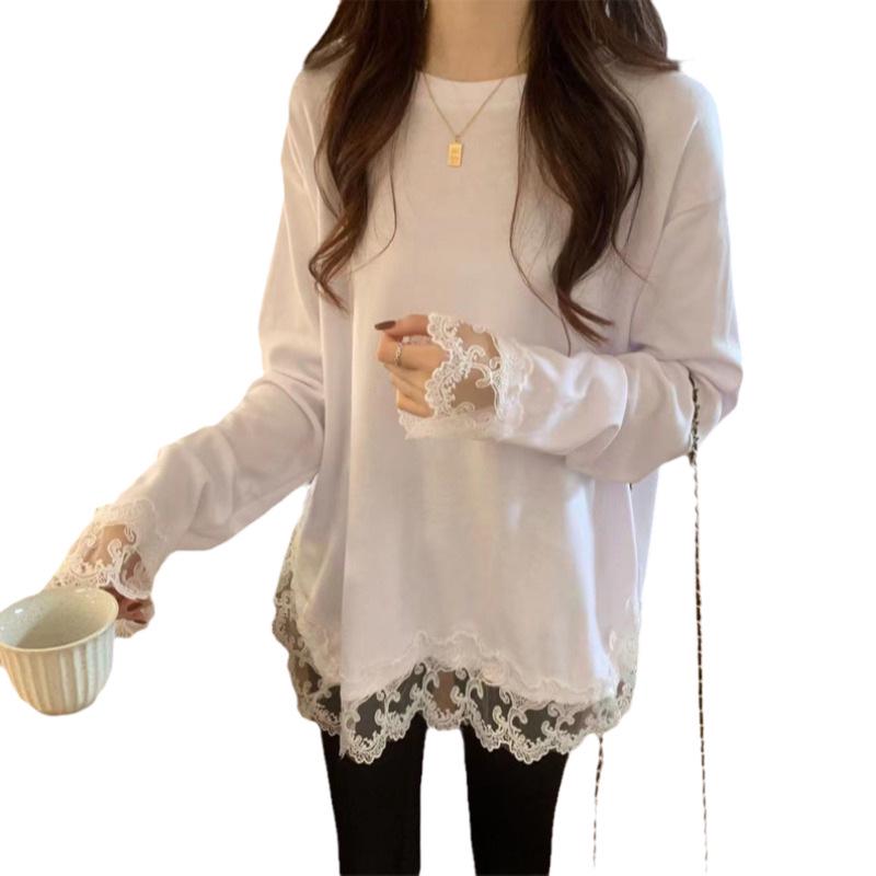 Korean Style White Long Sleeve Base Layer Plus Size Lace T-Shirt for Women, Loose Fit, Buttocks-Covering, 2026 New Arrival