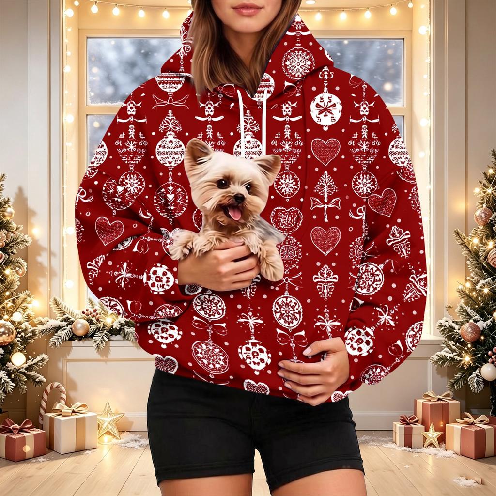 Women's Christmas Print Pet Pocket Hoodie, Fashion Hooded Sweatshirt for Holiday