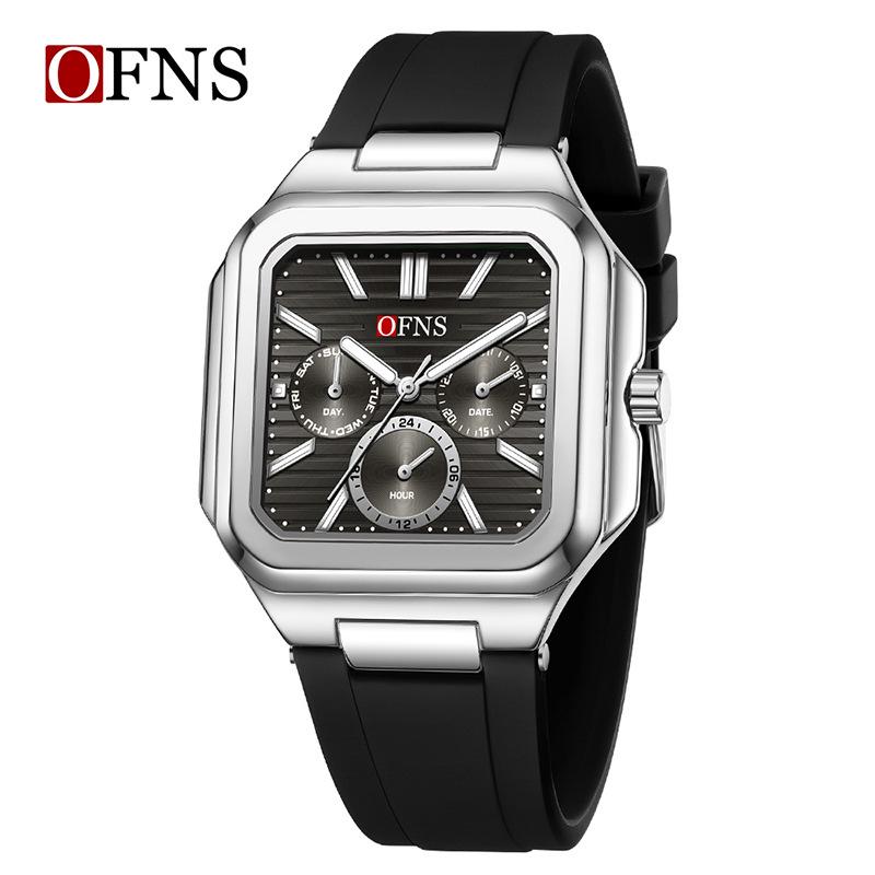 OFNS Six-Hand Men's Square Quartz Watch: Luminous, Day-Date, 30M Waterproof, Silicone Steel Band, Hot Seller