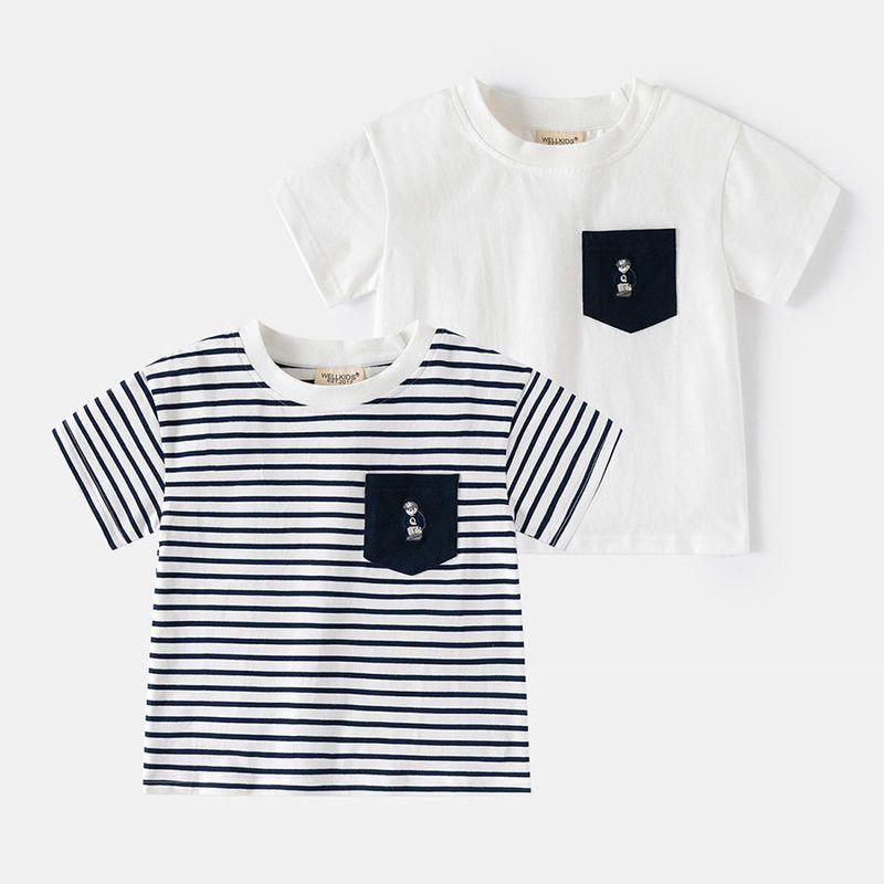 Boys' Pocket Short sleeve T-shirt Children's Half Sleeve round Neck Top Summer Thin Baby Boys' Cotton Stripe Children's Clothing