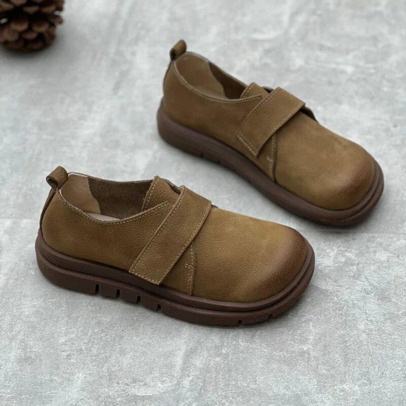 Johnature Neformální ploché boty z pravé kůže Retro kulatá špička Měkká podrážka Pohodlné jednobarevné boty