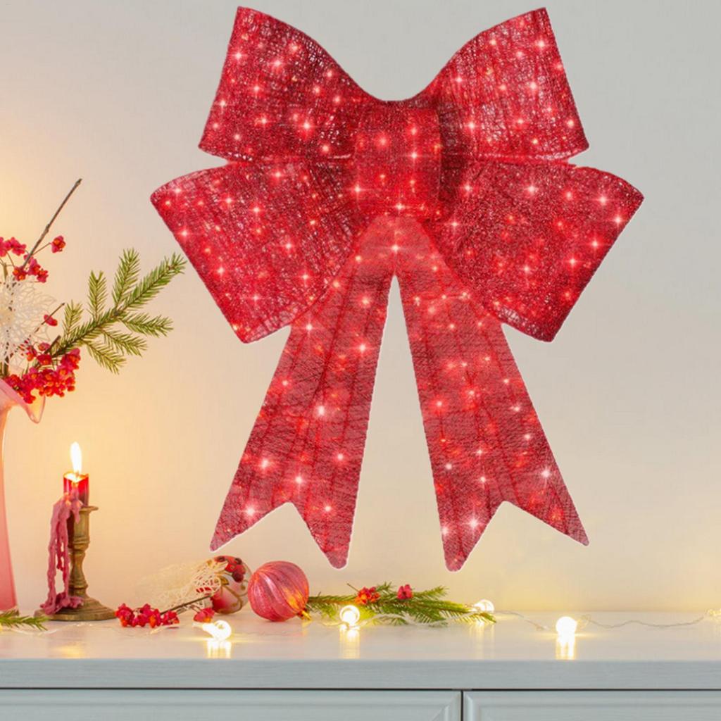 Christmas Door Wreath Bow 23.6in Lighted Red Decoration Christmas Decorations Wreath for New Year Fireplace Table Centerpiece