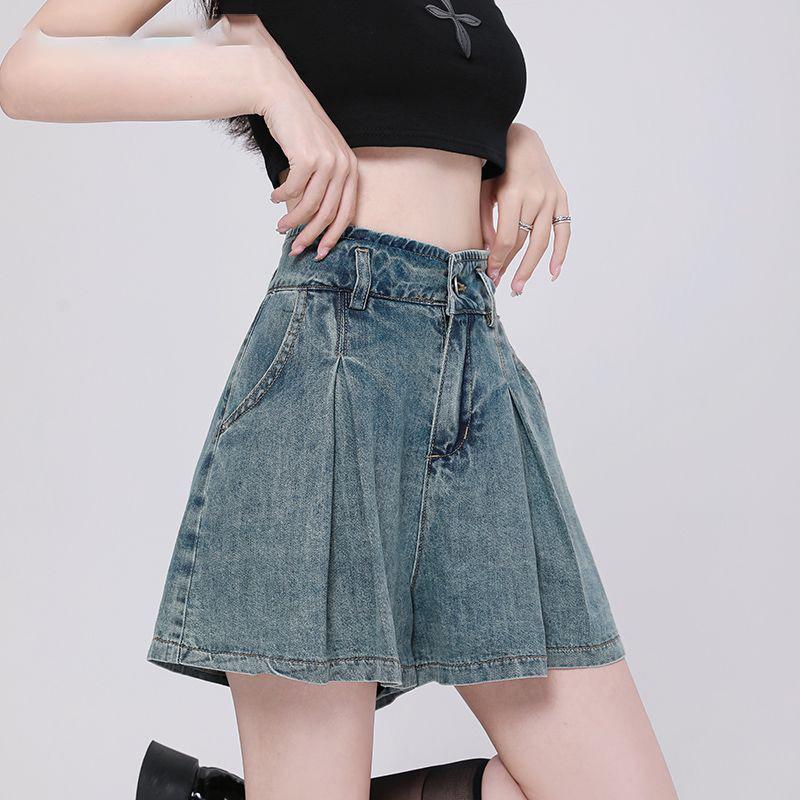 

Trendy High-Waisted Pleated Denim Shorts for Women - Casual, Versatile A-Line Jeans for Spring/Summer Extra Large