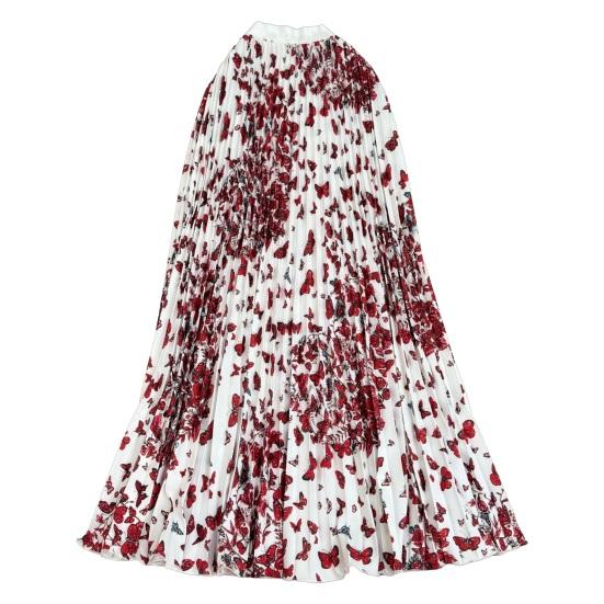 Fustă Lungă Stil Retro Talie Înaltă Elastică Fustă Pliată Imprimată cu Fluturi Tiv Larg Fustă din Material Respirabil Purtare Zilnică